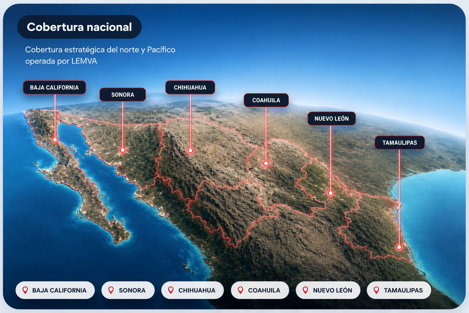 Mapa de cobertura de Lemva en México: Baja California, Sonora, Chihuahua, Coahuila, Nuevo León y Tamaulipas
